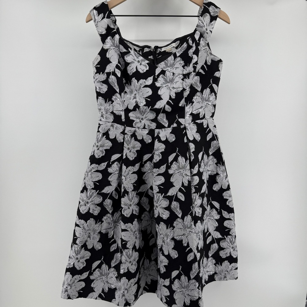 Calvin Klein Black Silver Floral Fit & Flare Sleeveless Dress 10P